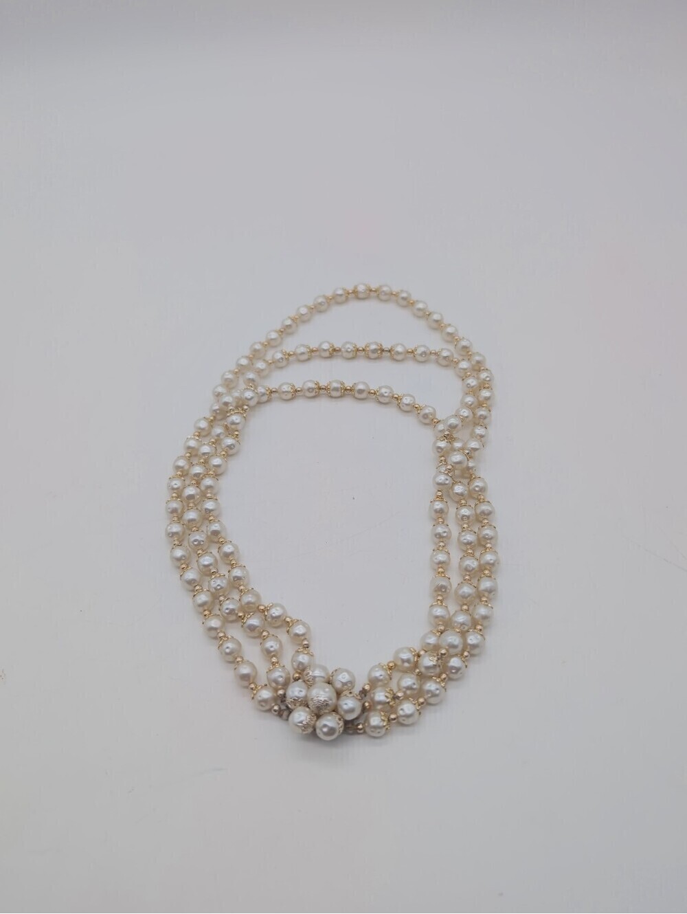 Vintage Faux Pearl Trio-Strand Necklace with Floral Clasp Japan 17" Filigree - Picture 2 of 6